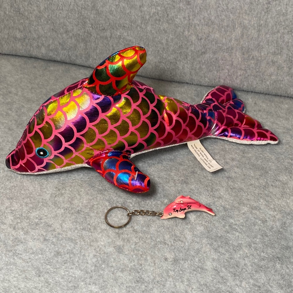 Plush Dolphin & Keychain Souvenir Set Kids Small Pink Rainbow Metallic Scale EUC